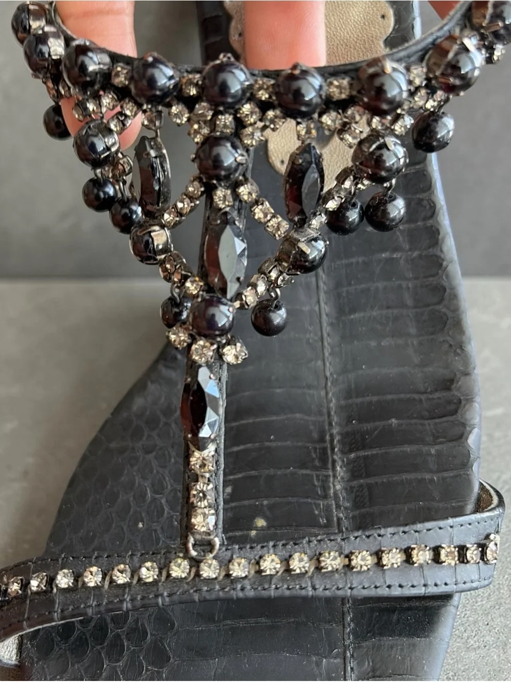 Donald J. Pliner Black Jeweled T-Strap Sandals